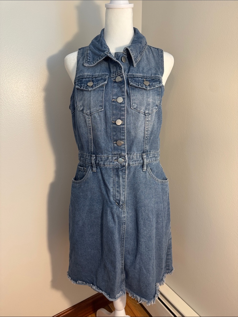 Sleeveless Denim Button-Front Dress in Medium Blue